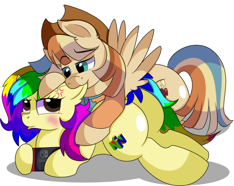 Size: 5300x4200 | Tagged: safe, artist:rainbowtashie, author:bigonionbean, derpibooru import, braeburn, wind waker (character), oc, oc:rainbow tashie, oc:spicy cider, earth pony, pegasus, pony, biting, blushing, clothes, commissioner:bigonionbean, cowboy hat, cuddling, cutie mark, duckface, ear bite, earth pony oc, female, fusion, fusion:spicy cider, hat, husband and wife, image, male, mare, nintendo switch, nom, oc x oc, png, shipping, simple background, spooning, stallion, stetson, straight, teasing, transparent background, tsundere