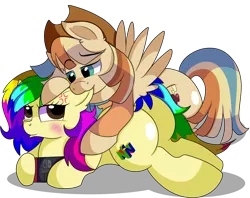 Size: 5300x4200 | Tagged: safe, artist:rainbowtashie, author:bigonionbean, derpibooru import, braeburn, wind waker (character), oc, oc:rainbow tashie, oc:spicy cider, earth pony, pegasus, pony, biting, blushing, clothes, commissioner:bigonionbean, cowboy hat, cuddling, cutie mark, duckface, ear bite, earth pony oc, female, fusion, fusion:spicy cider, hat, husband and wife, image, male, mare, nintendo switch, nom, oc x oc, png, shipping, simple background, spooning, stallion, stetson, straight, teasing, transparent background, tsundere