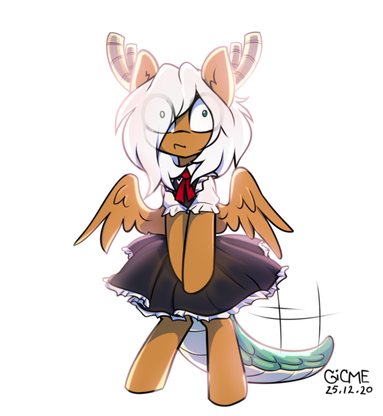 Size: 1518x1648 | Tagged: safe, alternate version, artist:gicme, derpibooru import, oc, oc:viola pens, unofficial characters only, pegasus, pony, big eyes, bipedal, clothes, confused, cosplay, costume, cute, dragon tail, eye clipping through hair, horn, horns, image, maid, miss kobayashi's dragon maid, png, shrunken pupils, simple background, solo, transparent background, wide eyes