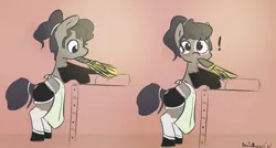 Size: 1429x766 | Tagged: safe, artist:davierocket, derpibooru import, oc, oc:longfolia, unofficial characters only, earth pony, pony, apron, blushing, booties, booty shorts, clothes, crossdressing, duster, exclamation point, hair bun, image, jpeg, looking at you, maid, male, messy bun, mouth hold, signature, socks, solo, sweat, sweatdrops, tied tail