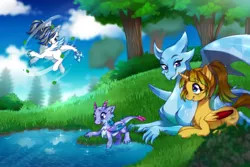 Size: 1008x672 | Tagged: safe, artist:bluntmare, derpibooru import, oc, oc:princess asa, oc:princess kara, oc:princess sashir, oc:princess silvanus, unofficial characters only, alicorn, dragon, alicorn oc, colored wings, dragon oc, family, flying, horn, hug, image, interspecies offspring, magical lesbian spawn, offspring, parent:oc:princess asa, parent:oc:princess silvanus, parents:oc x oc, png, pond, walking on water, winghug, wings