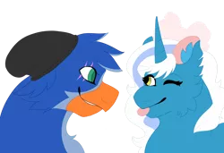 Size: 1280x873 | Tagged: safe, derpibooru import, oc, oc:fleurbelle, oc:lord ben maza, alicorn, gryphon, pony, alicorn oc, beanie hat, bow, cheek fluff, ear fluff, female, griffon oc, hair bow, horn, image, male, mare, one eye closed, png, scar, scared, shipping, shipping fuel, simple background, tongue out, transparent background, wings, wink, yellow eyes