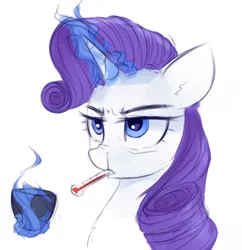 Size: 668x691 | Tagged: safe, artist:some_ponu, derpibooru import, rarity, pony, unicorn, backwards thermometer, cup, female, image, png, sick, simple background, solo, thermometer, white background