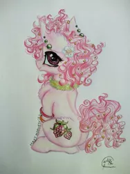 Size: 768x1024 | Tagged: safe, alternate version, artist:maryhoovesfield, derpibooru import, oc, unofficial characters only, earth pony, pony, chest fluff, earth pony oc, flower, flower in hair, image, jpeg, signature, sitting, solo, traditional art