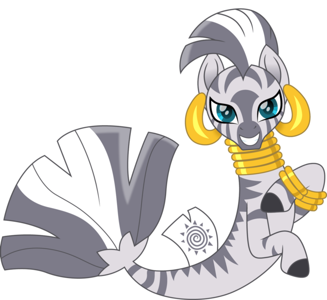 Size: 1280x1175 | Tagged: safe, artist:cloudyglow, derpibooru import, zecora, seapony (g4), zebra, blue eyes, bracelet, dorsal fin, ear piercing, earring, female, fish tail, flowing tail, image, jewelry, looking at you, neck rings, piercing, png, regalia, ring, seabra, seaponified, seapony zecora, simple background, smiling, smiling at you, solo, species swap, stripes, tail, teeth, transparent background