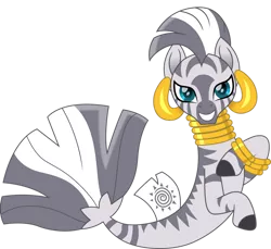 Size: 1280x1175 | Tagged: safe, artist:cloudyglow, derpibooru import, zecora, seapony (g4), zebra, blue eyes, bracelet, dorsal fin, ear piercing, earring, female, fish tail, flowing tail, image, jewelry, looking at you, neck rings, piercing, png, regalia, ring, seabra, seaponified, seapony zecora, simple background, smiling, smiling at you, solo, species swap, stripes, tail, teeth, transparent background