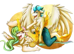 Size: 1500x1098 | Tagged: suggestive, artist:jamescorck, derpibooru import, princess celestia, oc, oc:dreamy daze, anthro, unguligrade anthro, breasts, canon x oc, clothes, dreamlestia, female, image, laughing, male, partial nudity, png, shipping, straight, tickle fight, tickling, topless