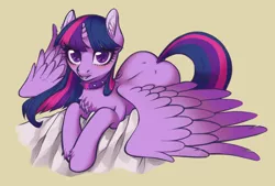 Size: 3496x2362 | Tagged: suggestive, artist:taytinabelle, derpibooru import, twilight sparkle, twilight sparkle (alicorn), alicorn, pony, back dimples, blushing, butt, butt dimples, chest fluff, collar, cutie mark collar, dimples of venus, dock, ear fluff, female, image, jpeg, looking at you, mare, simple background, solo, spread wings, unshorn fetlocks, wings