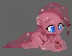 Size: 1280x993 | Tagged: safe, artist:fluffleart, derpibooru import, pinkie pie, goo, goo pony, original species, cute, diapinkes, dripping, goo ponified, gray background, image, jpeg, looking down, lying down, pinkie slime, prone, simple background, solo, species swap, translucent