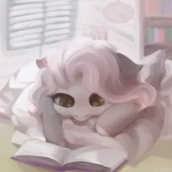 Size: 1280x1280 | Tagged: safe, artist:laymy, derpibooru import, oc, unofficial characters only, pony, book, bookcase, cute, floppy ears, image, lying down, pillow, png, reading, solo