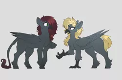 Size: 4000x2635 | Tagged: safe, artist:nsilverdraws, derpibooru import, oc, oc:eira sundown, oc:vyssini sundown, unofficial characters only, hippogriff, beak, duo, hippogriff oc, hooves, image, offspring, png, simple background, sundown clan, talons, wings