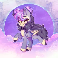 Size: 3000x3000 | Tagged: safe, artist:_spacemonkeyz_, derpibooru import, oc, oc:ouij'aa, pegasus, pony, cloud, collar, ear piercing, image, markings, pale belly, pegasus oc, piercing, png, raised hoof, raised hooves, sky, socks (coat marking), solo, spiked collar, two toned wings, wings