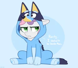 Size: 1600x1400 | Tagged: safe, artist:higgly-chan, derpibooru import, sweetie belle, dog, pony, unicorn, blue background, bluey, clothes, cosplay, costume, crossover, female, filly, footed sleeper, footie pajamas, image, kigurumi, onesie, pajamas, png, simple background, sitting, solo, sweetie belle is not amused, unamused