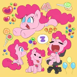 Size: 905x900 | Tagged: safe, artist:talimingi, derpibooru import, pinkie pie, earth pony, pony, balloon, behaving like a dog, candy, candy corn, cute, cutie mark, diapinkes, drool, ear scratch, female, food, image, jpeg, lollipop, mare, no pupils, office chair, open mouth, orange background, profile, simple background, sitting, sleeping, solo, z