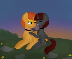 Size: 2828x2322 | Tagged: safe, artist:ember stone, artist:embermare, derpibooru import, oc, oc:ember stone, oc:radray, unicorn, couple, hug, image, outdoors, png, sunset