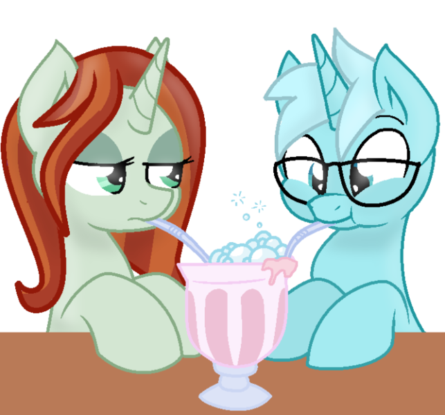 Size: 700x653 | Tagged: safe, artist:grapefruitface1, artist:joey darkmeat, derpibooru import, crackle cosette, queen chrysalis, oc, oc:candlelight flare, pony, base used, canon x oc, disguise, disguised changeling, image, milkshake, png, simple background, transparent background