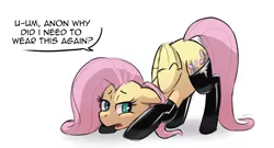 Size: 1272x688 | Tagged: suggestive, artist:hitsuji, derpibooru import, fluttershy, pegasus, pony, clothes, dialogue, face down ass up, image, latex, latex socks, png, simple background, socks, solo, white background