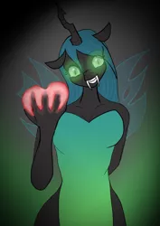 Size: 595x842 | Tagged: safe, artist:afhybrid, derpibooru import, queen chrysalis, anthro, changeling, changeling queen, breasts, busty queen chrysalis, clothes, creepy, dress, fangs, female, glowing eyes, heart, image, jpeg, looking at you, reversalis, simple background, smiling