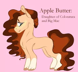 Size: 1024x946 | Tagged: safe, artist:hawklesscorruption, derpibooru import, oc, oc:apple butter, unofficial characters only, earth pony, pony, female, freckles, image, jpeg, mare, offspring, parent:big macintosh, parent:coloratura, parents:raramac, pink background, simple background, socks (coat marking)