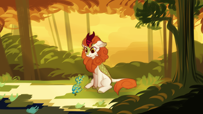 Size: 1920x1080 | Tagged: dead source, safe, artist:108fiona8fay, derpibooru import, autumn blaze, kirin, female, flower, foal's breath, forest, image, plant, png, sitting, solo, tree