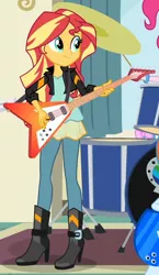 Size: 388x668 | Tagged: safe, derpibooru import, screencap, sunset shimmer, equestria girls, friendship games, boots, clothes, cropped, electric guitar, gibson flying v, guitar, image, leggings, musical instrument, png, shoes, solo focus