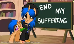 Size: 1080x642 | Tagged: safe, artist:juliet-gwolf18, derpibooru import, edit, edited screencap, screencap, oc, oc:sketchy, unofficial characters only, alicorn, pony, alicorn oc, bags under eyes, beanie, bookcase, chains, chalkboard, choker, clothes, female, glasses, grin, hat, hoodie, horn, image, mare, png, smiling, solo, wings