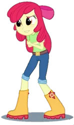 Size: 381x642 | Tagged: artist needed, safe, derpibooru import, apple bloom, equestria girls, adorabloom, apple bloom's bow, background removed, belt, blushing, boots, bow, clothes, covering, cropped, cute, hair bow, image, jeans, pants, png, self-hugging, shirt, shoes, shy, simple background, smiling, solo, transparent background