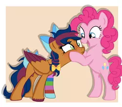 Size: 4000x3525 | Tagged: source needed, safe, derpibooru import, pinkie pie, oc, oc:solar comet, earth pony, pegasus, pony, bow, clothes, green eyes, image, png, socks, striped socks, tail bow