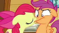 Size: 1920x1080 | Tagged: safe, derpibooru import, screencap, apple bloom, scootaloo, earth pony, pegasus, pony, on your marks, boop, female, filly, image, noseboop, now kiss, out of context, png