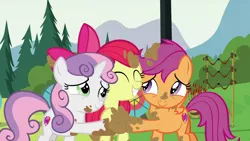 Size: 1280x720 | Tagged: safe, derpibooru import, screencap, apple bloom, scootaloo, sweetie belle, earth pony, pegasus, pony, unicorn, marks and recreation, adorabloom, cute, cutealoo, cutie mark crusaders, diasweetes, eyes closed, female, filly, hoofbump, image, mud, muddy, png