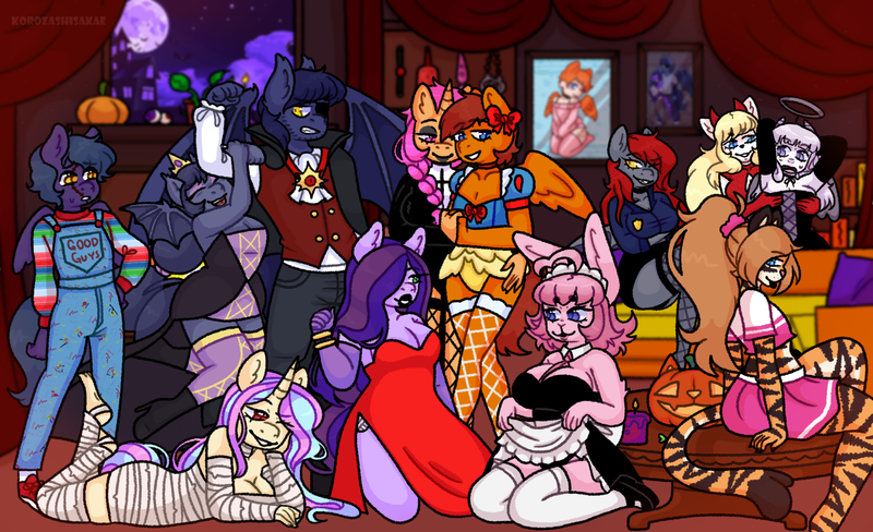 Size: 3000x1830 | Tagged: questionable, artist:korozashisakae, derpibooru import, oc, oc:ashai, oc:cloudburn, oc:copper sparks, oc:deadeye, oc:garnet winters, oc:lucky, oc:mofu, oc:nightshade, oc:open book, oc:riptide, oc:sweetreats, oc:xandy, anthro, angel, ballgag, barefoot, breasts, busty oc, cheerleader, chucky, clothes, crossdressing, cuffs, devil, dracula, dress, dungarees, evil queen, feet, gag, high heels, image, maid, mummy, nightmare night, nun, paddle, png, police officer, pumpkin, shoes, snow white, socks, stockings, the pose, thigh highs