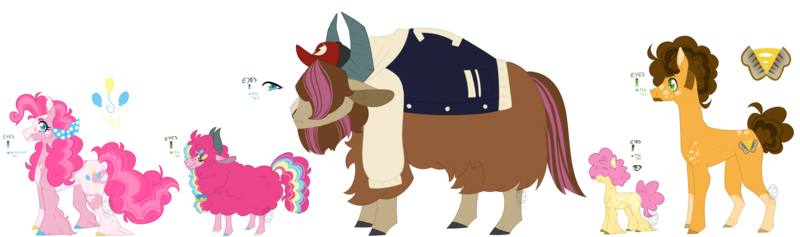 Size: 4000x1184 | Tagged: safe, artist:0tinybitobsessive0, derpibooru import, cheese sandwich, li'l cheese, pinkie pie, oc, oc:grunnie, oc:twinkle pie, earth pony, hybrid, original species, pony, yakony, the last problem, baseball cap, cap, cheesepie, clothes, colt, female, filly, half-siblings, hat, image, interspecies offspring, jacket, male, mare, offspring, parent:cheese sandwich, parent:pinkie pie, parent:prince rutherford, parents:cheesepie, parents:pinkieford, png, shipping, simple background, stallion, straight, transparent background, unshorn fetlocks