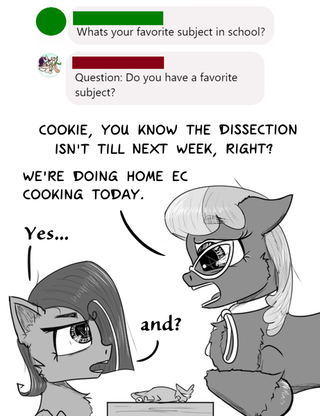 Size: 1250x1628 | Tagged: safe, artist:chopsticks, derpibooru import, cheerilee, oc, oc:cookie cutter, earth pony, frog, pegasus, pony, ask, ask cookie cutter, chest fluff, dialogue, female, filly, floppy ears, foal, glasses, image, monochrome, png, school, sketch, text, unshorn fetlocks