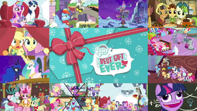 Size: 1960x1103 | Tagged: safe, derpibooru import, edit, edited screencap, editor:quoterific, screencap, alice the reindeer, applejack, aurora the reindeer, bori the reindeer, butternut, discord, fluttershy, limestone pie, marble pie, maud pie, oak nut, pinkie pie, pistachio, princess cadance, princess celestia, princess flurry heart, princess luna, rainbow dash, rarity, shining armor, spike, twilight sparkle, twilight sparkle (alicorn), alicorn, deer, draconequus, earth pony, pegasus, pony, reindeer, unicorn, winterchilla, best gift ever, applejack's hat, clothes, cowboy hat, derp, derp face, eyes closed, faic, freakout, hat, hoof on cheek, image, mane seven, mane six, open mouth, png, pudding face, rainbow dash is not amused, school of friendship, the gift givers, twilight snapple, twilight's castle, unamused, winter outfit, winterzilla