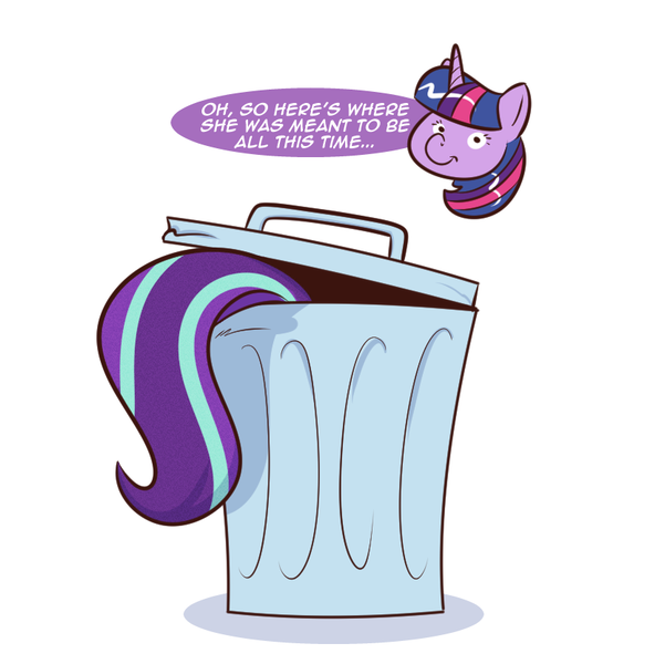 Size: 834x832 | Tagged: safe, artist:saturdaymorningproj, derpibooru import, starlight glimmer, twilight sparkle, alicorn, abuse, bin, glimmerbuse, image, png, this will not end well, trash can, twilight sparkle (alicorn)