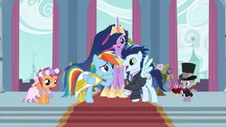 Size: 1081x608 | Tagged: safe, artist:lachlancarr1996, derpibooru import, princess twilight 2.0, rainbow dash, scootaloo, soarin', spike, twilight sparkle, twilight sparkle (alicorn), alicorn, pegasus, pony, the last problem, background used, bride, female, groom, hat, image, male, marriage, older, older twilight, png, shipping, soarindash, straight, top hat, wedding