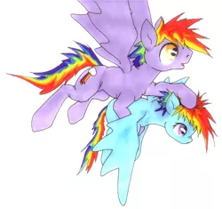 Size: 1650x1551 | Tagged: safe, artist:oddwarg, derpibooru import, part of a set, rainbow blaze, rainbow dash, pegasus, pony, duo, female, filly, filly rainbow dash, flying, flying lesson, holding, image, learning to fly, png, simple background, training, white background, younger