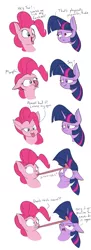 Size: 1280x3520 | Tagged: safe, artist:rocket-lawnchair, derpibooru import, pinkie pie, twilight sparkle, earth pony, pony, unicorn, caption, comic, horn, horn licking, hornjob, image, jpeg, licking, long tongue, tongue out