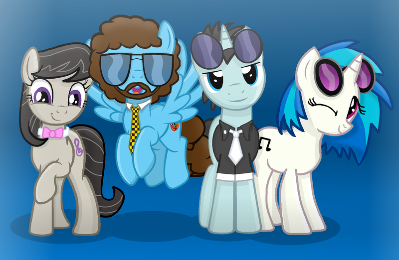 Size: 2205x1440 | Tagged: safe, artist:grapefruitface1, derpibooru import, neon lights, octavia melody, rising star, vinyl scratch, oc, oc:electric light (jeff lynne pony), ponified, pony, band, base used, bowtie, clothes, electric light orchestra, equestria light orchestra, facial hair, floating, group, image, jeff lynne, looking at you, music, necktie, one eye closed, png, smiling, wink
