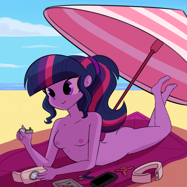 Size: 3375x3375 | Tagged: questionable, alternate version, artist:tjpones, derpibooru import, part of a set, sci-twi, twilight sparkle, equestria girls, ass, barefoot, beach, beach towel, beach umbrella, breasts, busty twilight sparkle, butt, casual nudity, cute, drone, feet, female, image, lying down, missing accessory, nipples, no glasses, nude beach, nudity, png, selfie drone, smiling, solo, solo female, the pose, towel, twibutt, umbrella