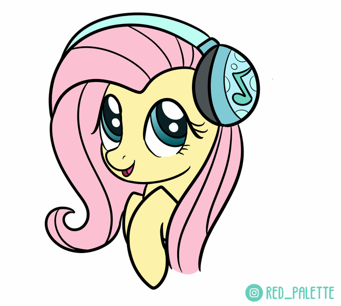 Size: 1280x1150 | Tagged: safe, artist:redpalette, derpibooru import, fluttershy, pony, bust, cute, female, headphones, image, looking at you, mare, open mouth, png, portrait, shyabetes, simple background, smiling, solo, three quarter view, white background