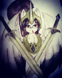 Size: 1080x1350 | Tagged: safe, artist:cats_drawings_cos, derpibooru import, oc, unofficial characters only, alicorn, pony, alicorn oc, female, glasses, helmet, horn, image, jpeg, mare, peytral, solo, spread wings, sword, traditional art, weapon, wings