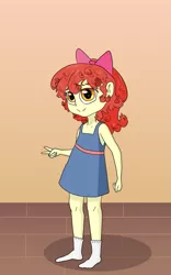 Size: 881x1414 | Tagged: safe, artist:happy harvey, derpibooru import, apple bloom, equestria girls, adorabloom, bow, clothes, curly hair, cute, denim dress, drawn on phone, dress, female, freckles, hair bow, image, looking at you, missing shoes, peace sign, png, socks, solo, wooden floor