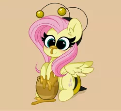 Size: 4096x3755 | Tagged: safe, artist:kittyrosie, derpibooru import, fluttershy, pegasus, pony, animal costume, bee costume, blushing, clothes, costume, cute, flutterbee, food, honey, image, jpeg, kittyrosie is trying to murder us, shyabetes, weapons-grade cute