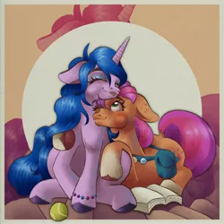 Size: 4096x4096 | Tagged: safe, artist:nudzbirb, derpibooru import, izzy moonbow, sunny starscout, earth pony, pony, unicorn, absurd resolution, badge, bag, ball, book, bracelet, eyes closed, female, floppy ears, g5, hug, image, izzy's tennis ball, jewelry, jpeg, mare, one eye closed, sitting, tennis ball, tongue out, unshorn fetlocks