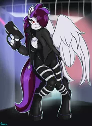 Size: 1650x2250 | Tagged: safe, artist:edgarkingmaker, derpibooru import, anthro, pegasus, unguligrade anthro, bodysuit, boob window, breasts, cleavage, clothes, cyberpunk, ear piercing, earring, gun, handgun, image, jacket, jewelry, latex, latex suit, latex under clothes, nose piercing, nose ring, piercing, pistol, png, science fiction, weapon