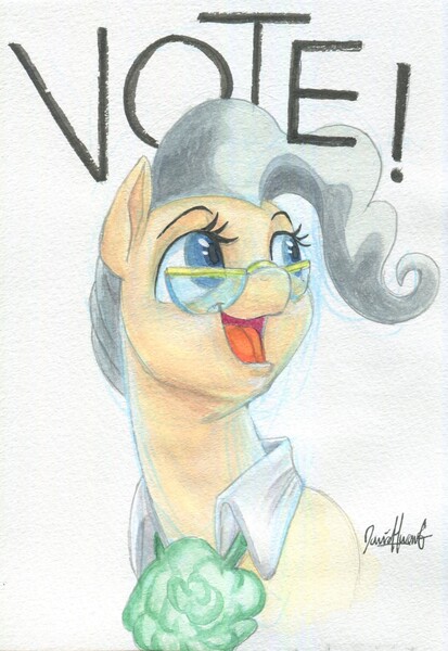 Size: 1396x2027 | Tagged: safe, artist:invalid-david, derpibooru import, mayor mare, earth pony, pony, bust, female, image, jpeg, mare, politics, portrait, solo, text, traditional art, vote, watercolor painting