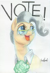 Size: 1396x2027 | Tagged: safe, artist:invalid-david, derpibooru import, mayor mare, earth pony, pony, bust, female, image, jpeg, mare, politics, portrait, solo, text, traditional art, vote, watercolor painting