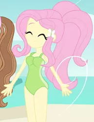 Size: 1002x1295 | Tagged: safe, artist:jucamovi1992, derpibooru import, edit, fluttershy, oc, comic:the love of the mermaid, equestria girls, alternate hairstyle, beach, clothes, comic, cropped, eyes closed, female, image, legs together, one-piece swimsuit, png, solo focus, swimsuit