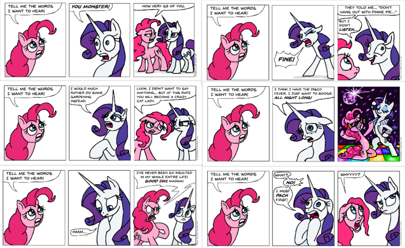 Size: 1010x618 | Tagged: safe, artist:gingerfoxy, derpibooru import, pinkie pie, rarity, earth pony, pony, unicorn, pony comic generator, comic, dancing, disco, image, png, yelling